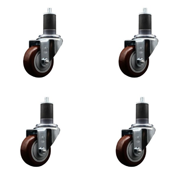 3'' SS Maroon Poly Wheel Swivel 1-5/8'' Expanding Stem Caster Set, 4PK